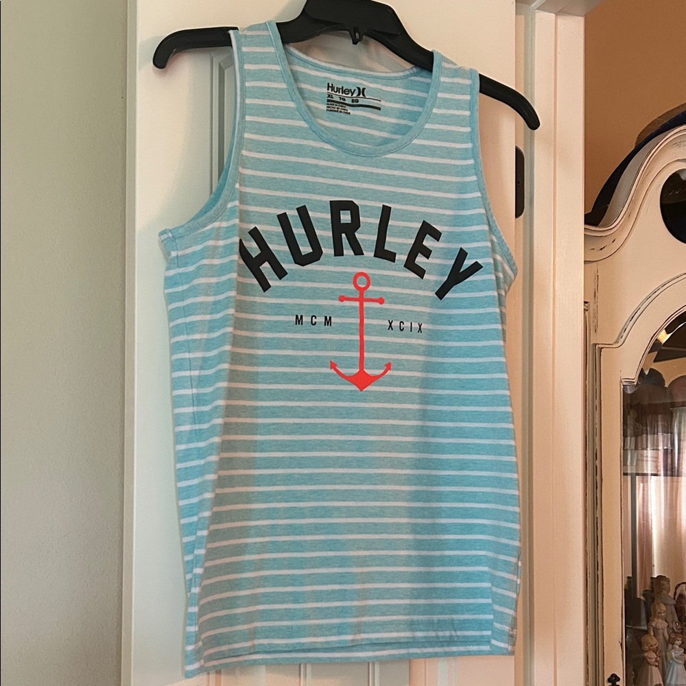 Hurley Light light Blue/seafoamy color and White Striped Tank Top